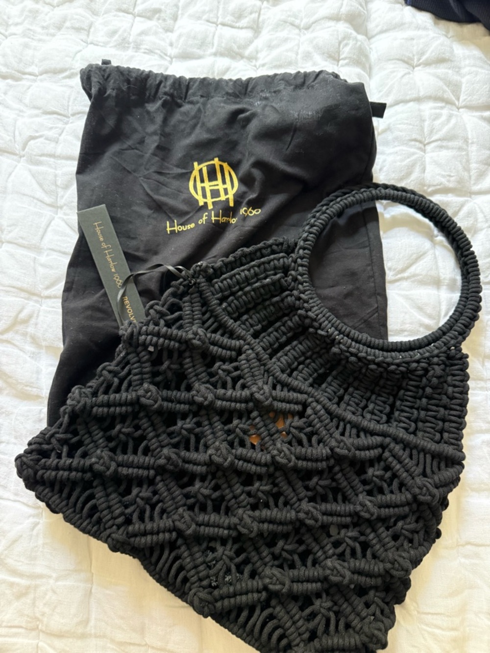 House of Harlow 1960 Black Knotted Macramé Circle-Handle Tote